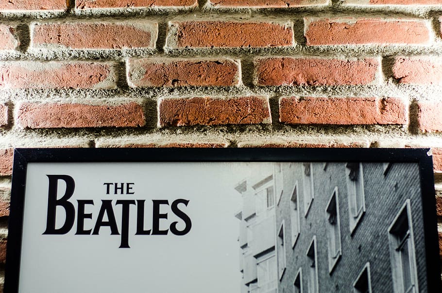 The Beatles poster, bricks, wall, frame, picture, photo, band HD wallpaper
