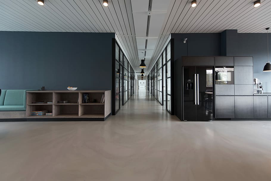architectural photography of black and brown hallway, empty kitchen HD wallpaper