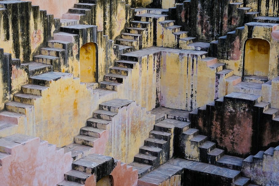 multicolored stair painting, yellow and gray concrete stair, steps HD wallpaper