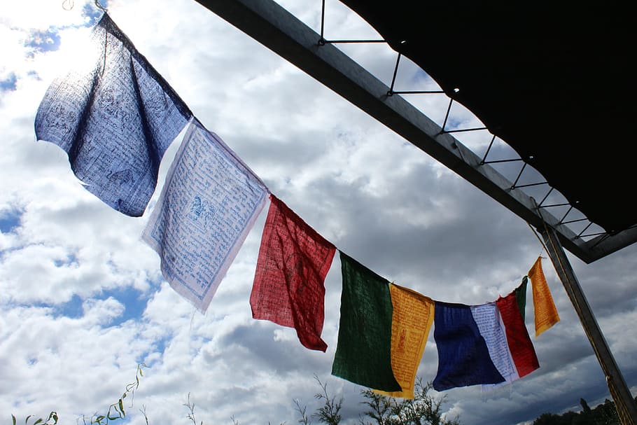 flag, tibet, clouds, sky, cloud - sky, hanging, low angle view HD wallpaper