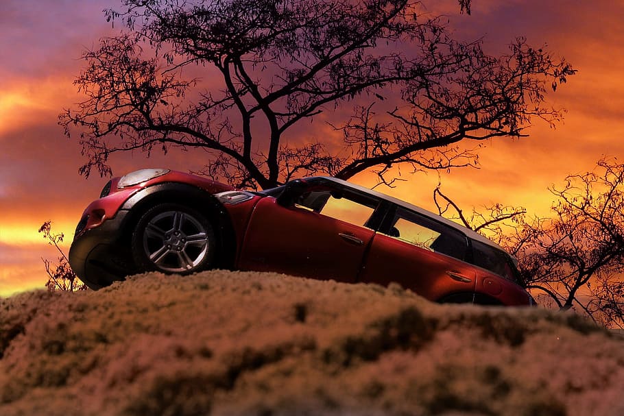 red Mini Cooper 5-door hatchback parked beside tree silhouette under golden hour HD wallpaper