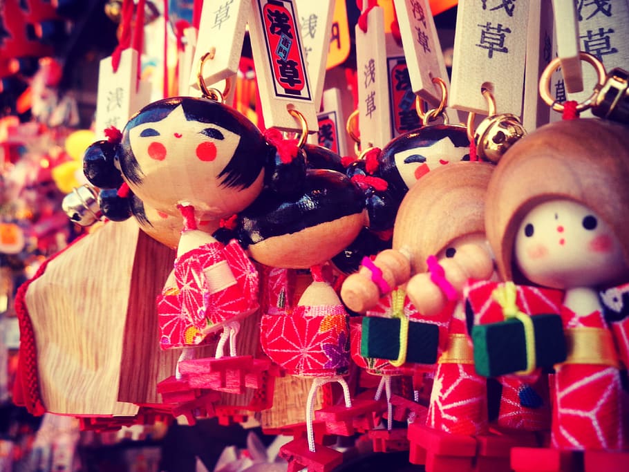 doll keychains, puppets, sensoji, asakusa, toys, wooden, traditional, HD wallpaper