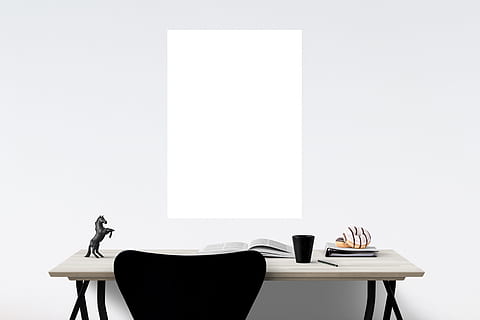 canvas on wall in front of desk with cup, horse figurine, and open book HD wallpaper