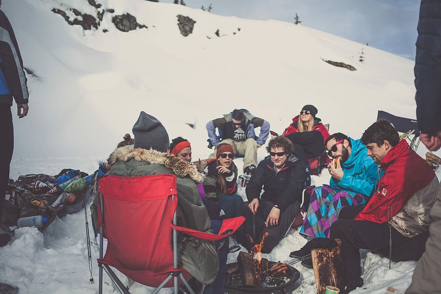 people on snowfield during daytime, people having barbecue party in snow mountain HD wallpaper