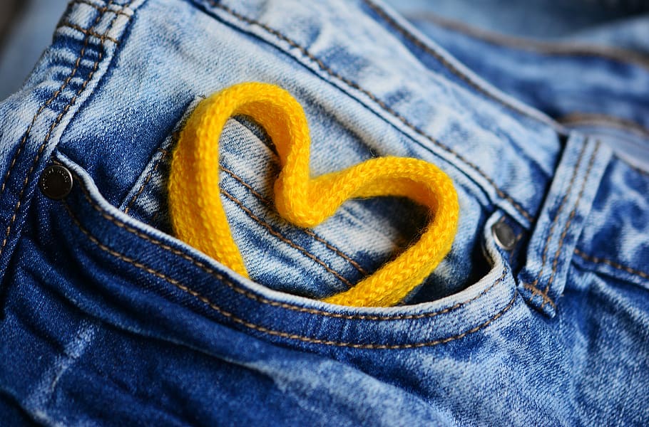 heart shape yellow strap ornament, jeans, pocket, cord, blue, HD wallpaper