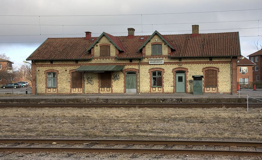 billesholms, train station, sweden, railway, brick building, HD wallpaper