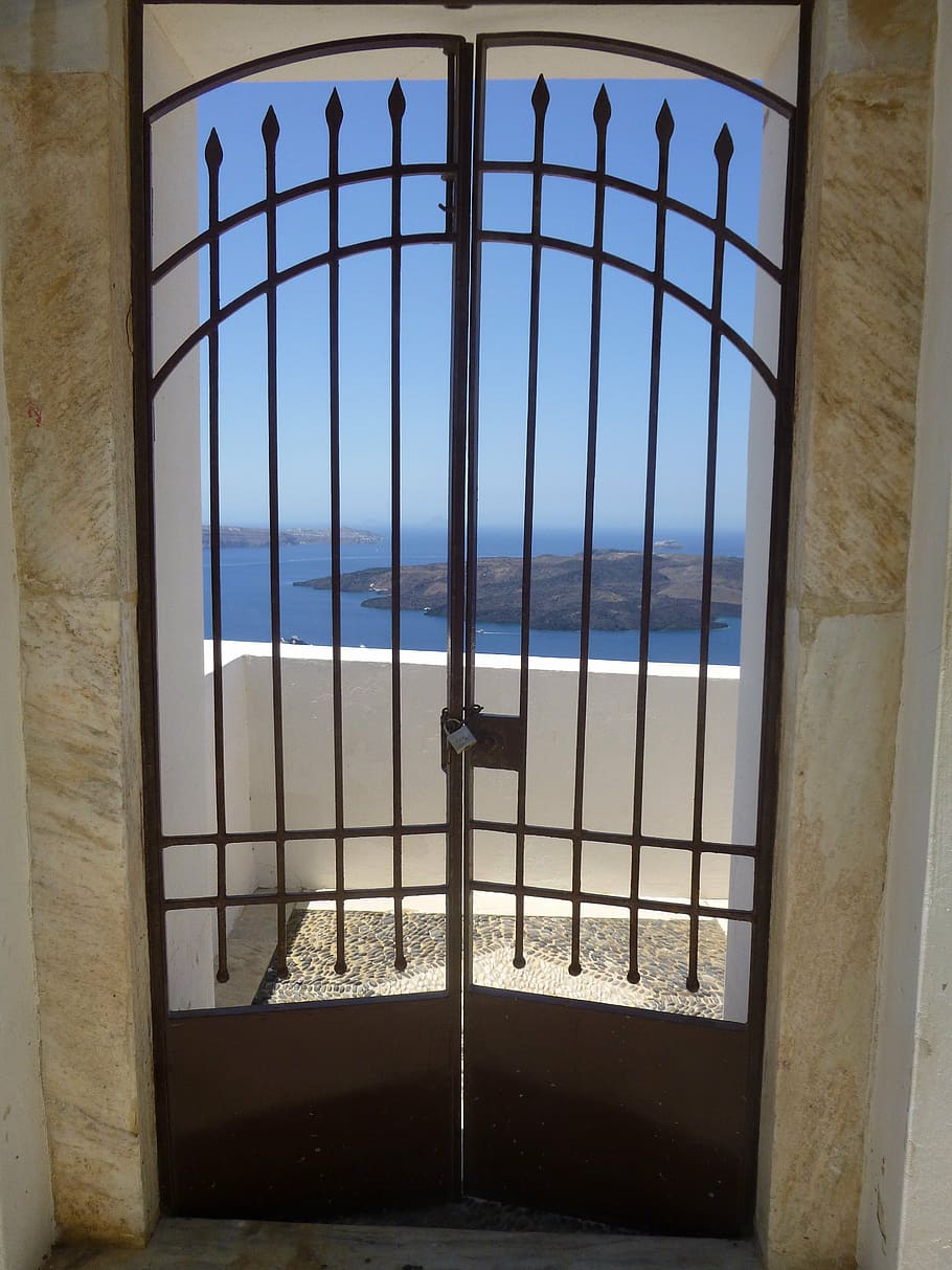 santorini, grating, door, ocean, iron, old, house, landscape HD wallpaper