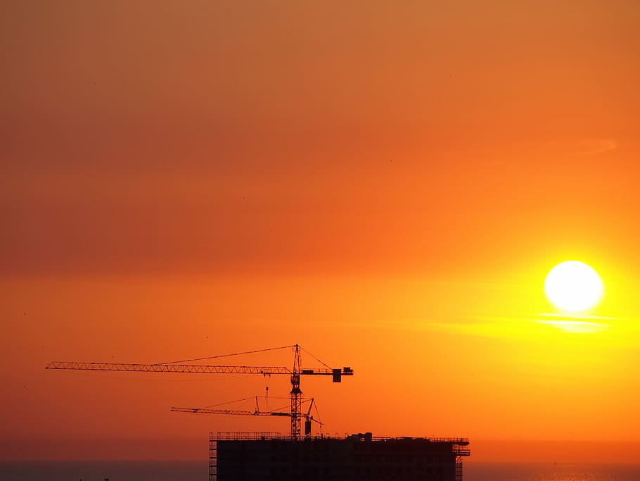 crane, site, sunset, warnemünde, construction Industry, crane - Construction Machinery HD wallpaper