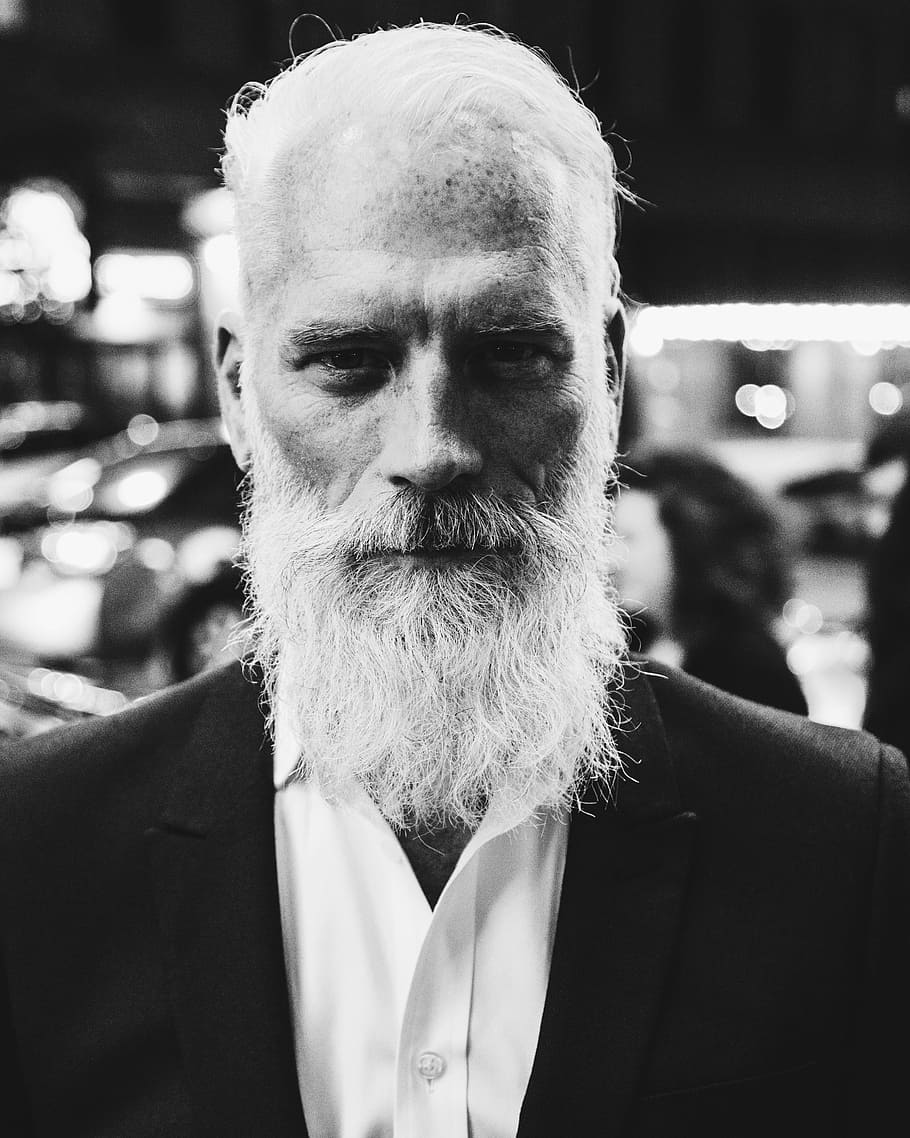 grayscale man portrait, people, old, beard, hair, white, black and white HD wallpaper