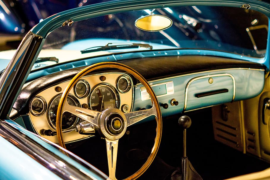 vintage gray car, vehicle, motor, transport, speed, dashboard, HD wallpaper