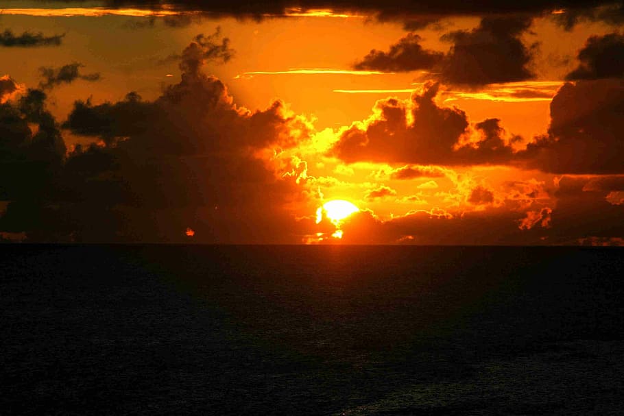 Setting Sun, Sunset, Water, Sky, clouds, sea, evening sky, horizon HD wallpaper