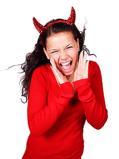 woman in red sweater and red headband, costume, screaming, demon HD wallpaper