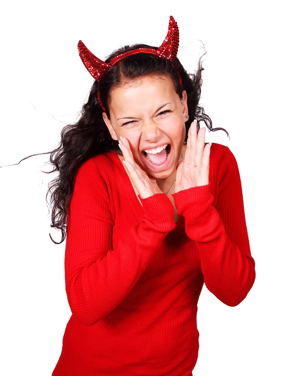 woman in red sweater and red headband, costume, screaming, demon HD wallpaper