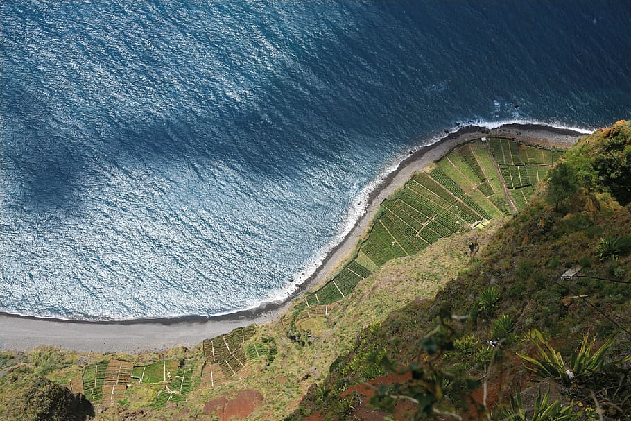 aerial photography of sea beside road, madeira, portugal, cliff