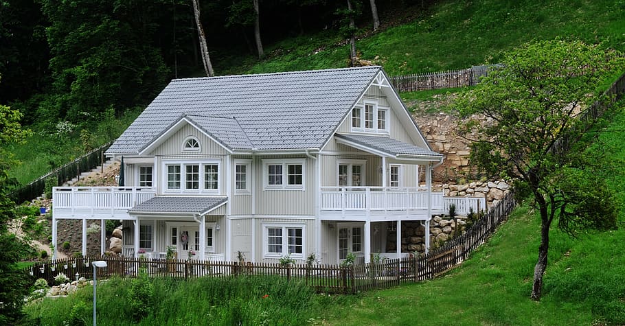 white and gray 3-storey house surrounded with grass, home, wood HD wallpaper