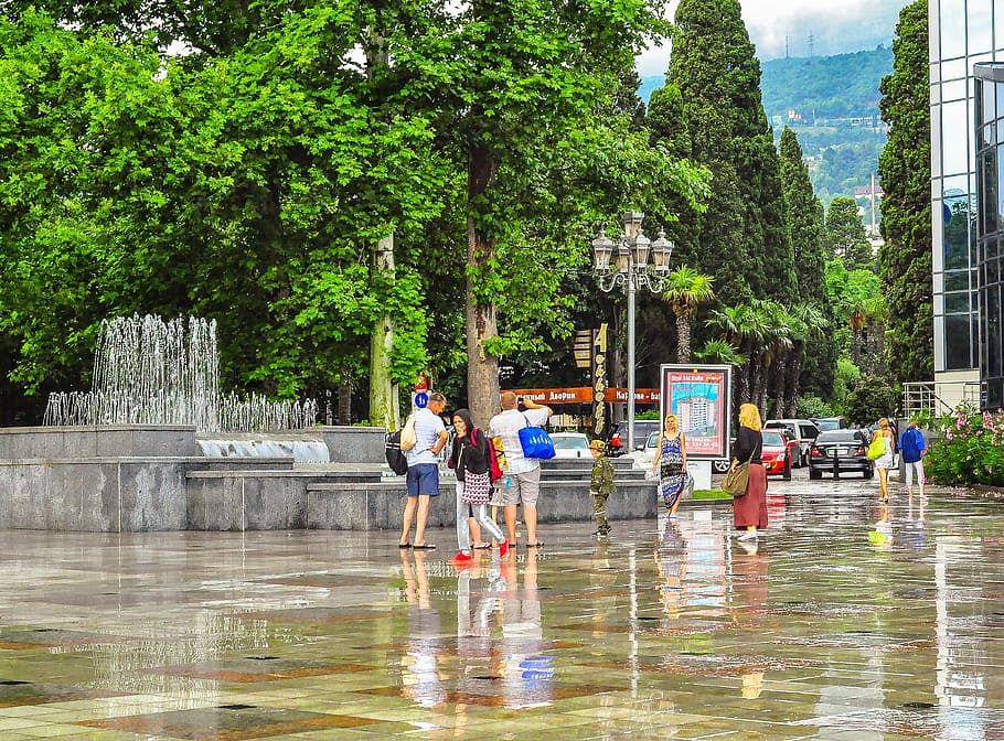 Yalta, Fountain, People, rain, reflection, water, tree, outdoors, HD wallpaper
