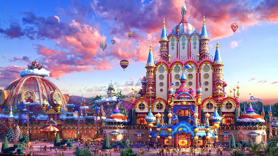 colorful castle with hot air balloons, europe, fairy tale, building exterior
