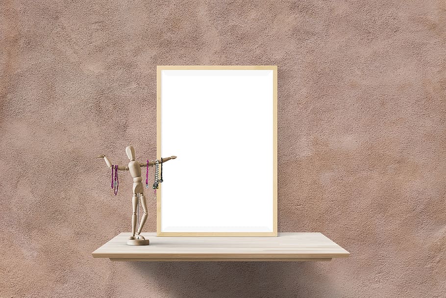 brown puppet in front of mirror on wooden shelf, poster, mockup HD wallpaper
