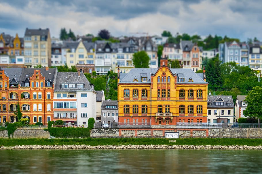 yellow concrete building near body of water, Koblenz, Rhine, River