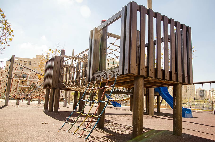 brown wooden playground, fun, sunlight, outdoors, sky, architecture HD wallpaper