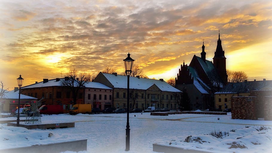 brown houses under orange sky landscape photography, olkusz HD wallpaper