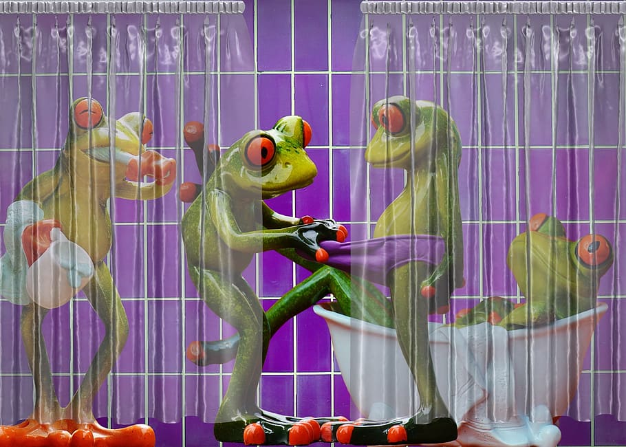 four green frogs illustration, bathroom, curious, funny, cute HD wallpaper