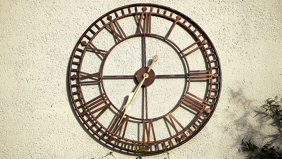 brown metal analog wall clock at 7:35, time, hour, classic, style