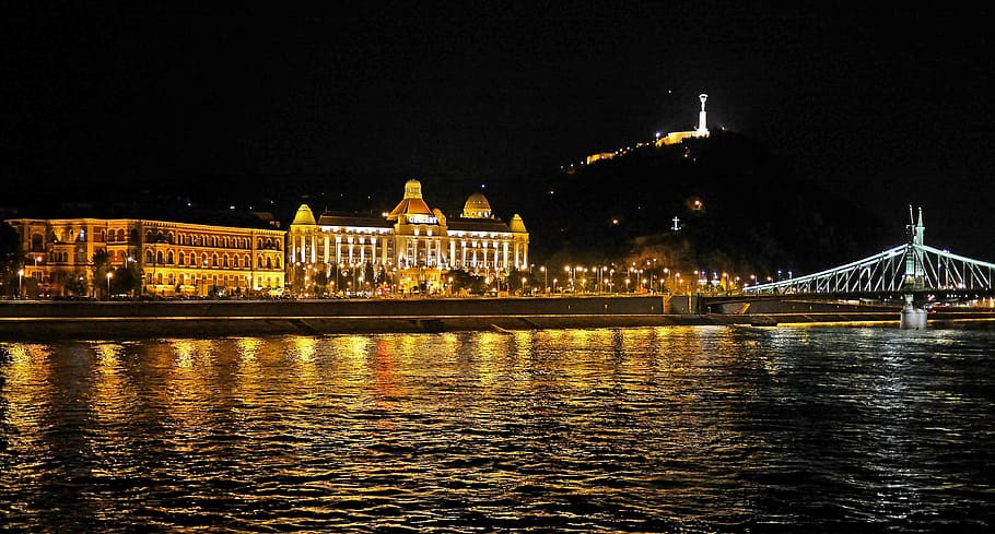 budapest at night, danube, west bank, gellert hotel, liberty bridge