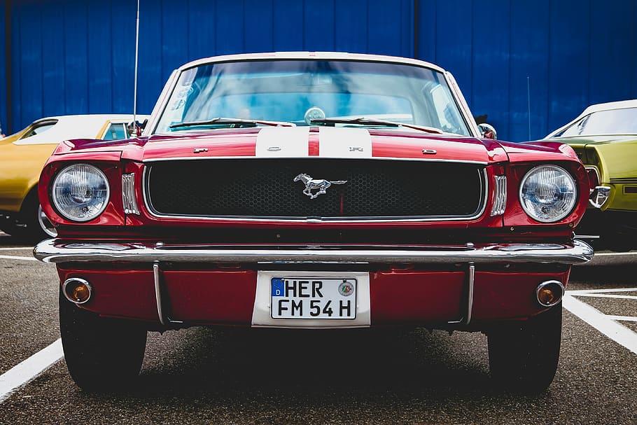 close-up photography of red Ford Mustang coupe, auto, vehicle HD wallpaper