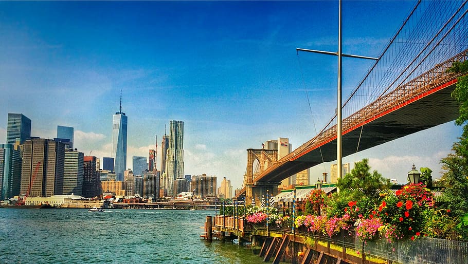 skyline, bridge, city, architecture, landmark, river, cityscape HD wallpaper