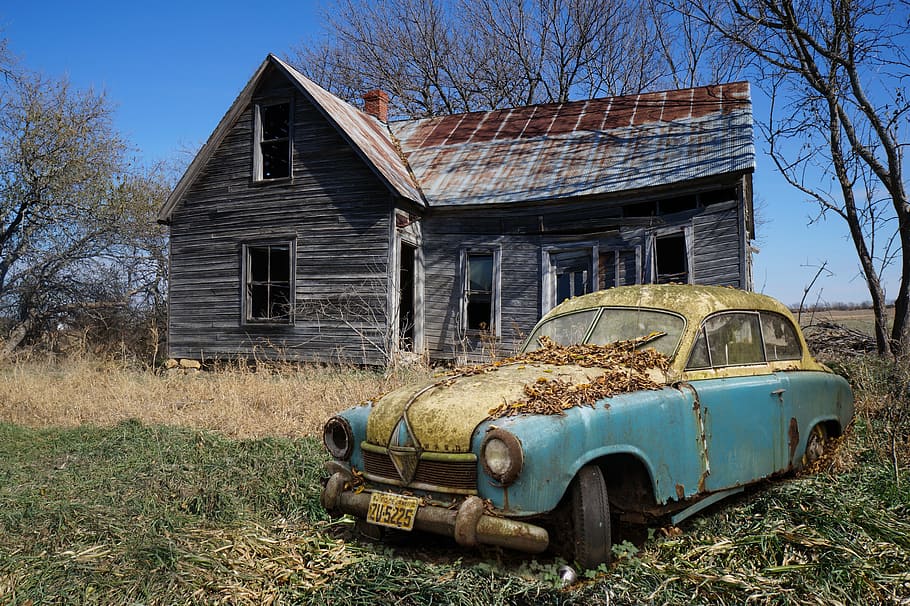 classic teal and beige car near abandoned brown wooden house, HD wallpaper