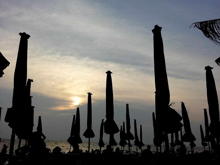 seaside, sunset, vacation, sky, silhouette, nature, architecture HD wallpaper