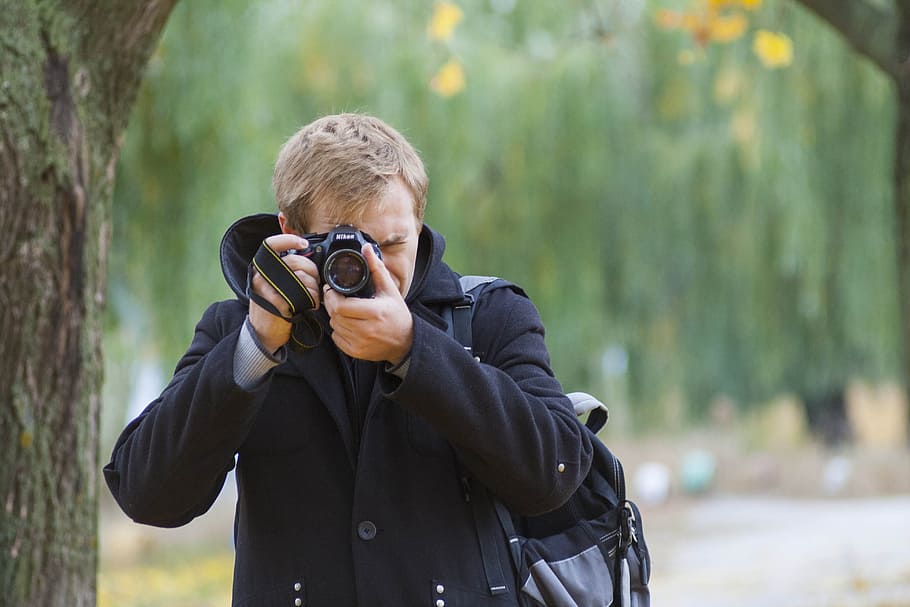 portrait, photo, camera, guy, autumn, men, one person, technology HD wallpaper