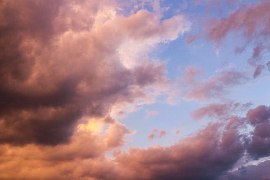 orange and blue cloudy sky, blue sky with white clouds, pink HD wallpaper