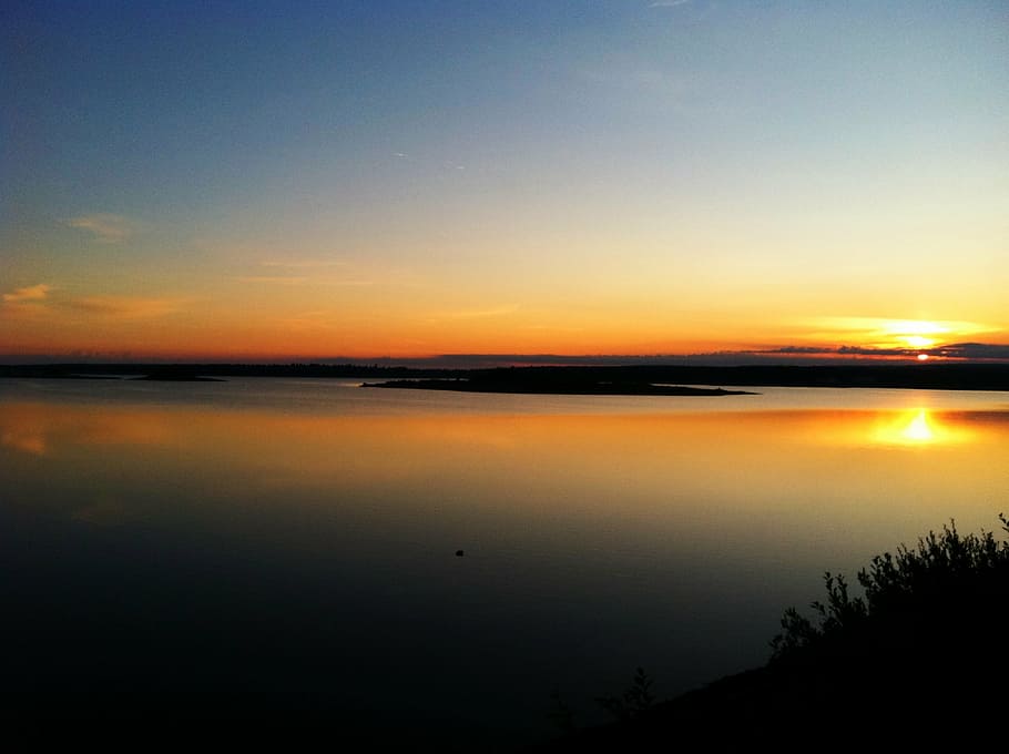 sunset, lake, reflection, landscape, beautiful, water, nature HD wallpaper
