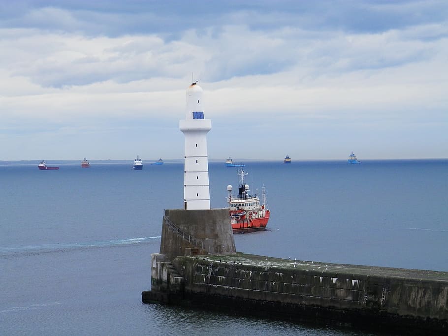 ship, sea, lighthouse, water, boat, maritime, sky, built structure HD wallpaper