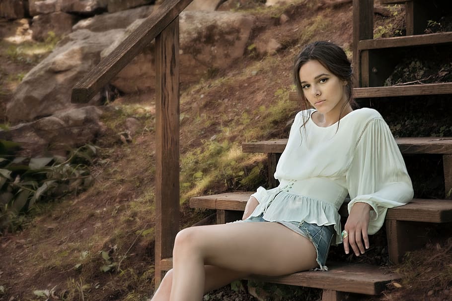 Hd Wallpaper Woman Wearing White Long Sleeve Shirt Sitting On Brown Wooden Stairs Wallpaper Flare 3963