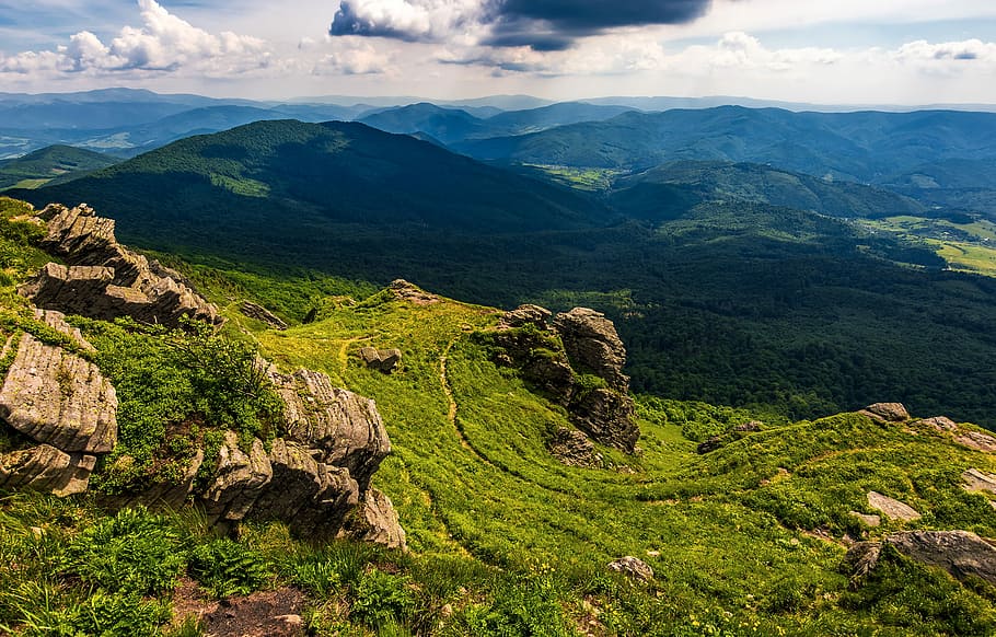 hill side with boulders in Carpathian mountains, green terrain photo, HD wallpaper