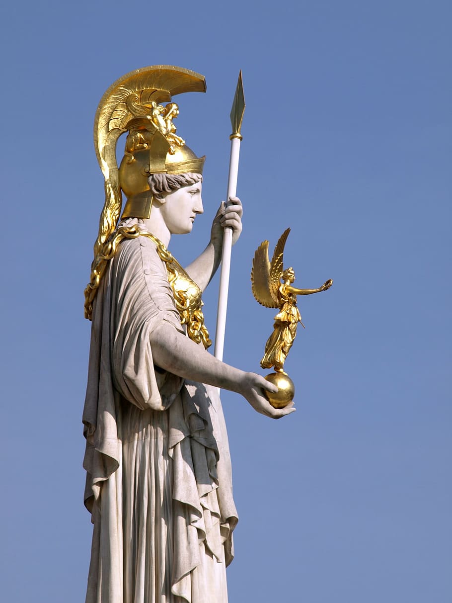 man holding spear statue under sunny sky, vienna, pallas-athene fountain
