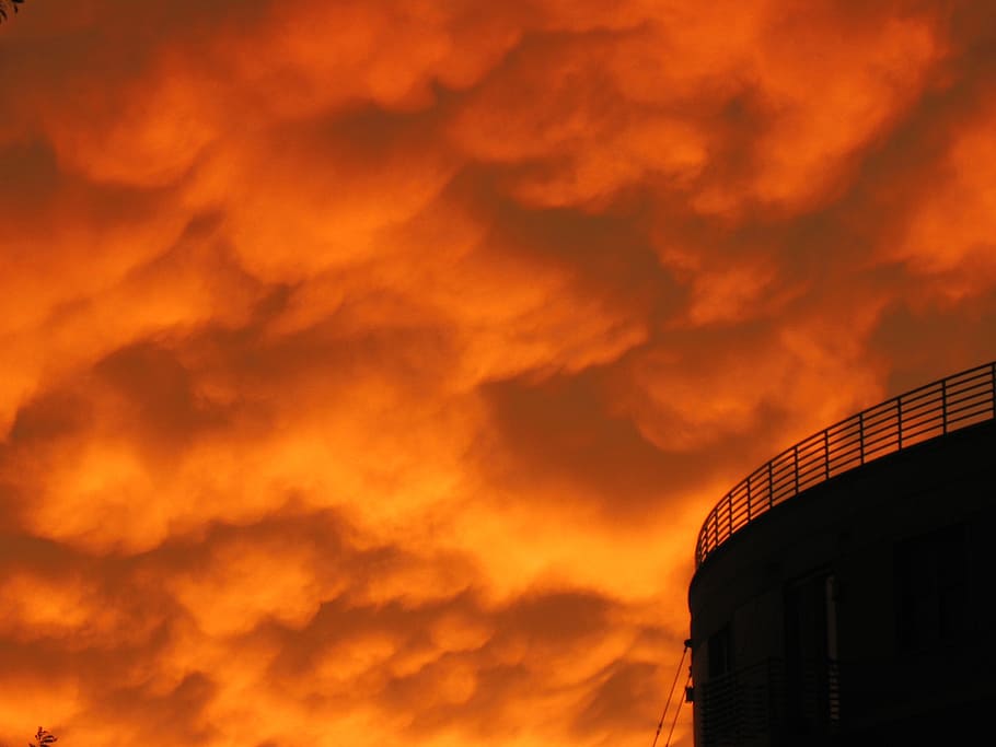 silo, orange, sky, sunset, dusk, urban, eerie, spooky, clouds HD wallpaper