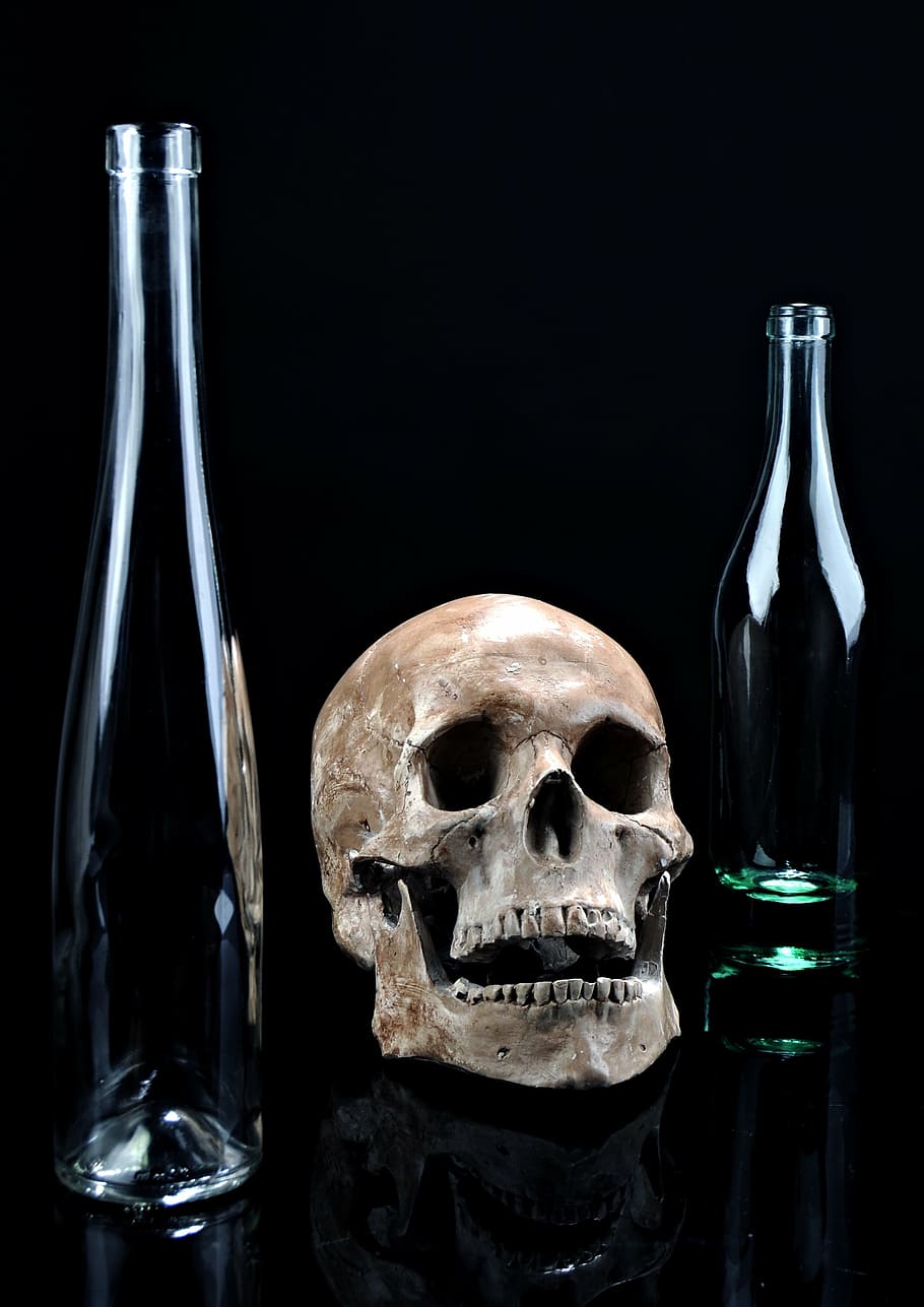 beige skull and two clear glass bottles, death, simplicity HD wallpaper