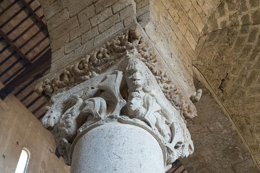 capital, pillar, abbey, monastery, church, romanesque, tuscany, HD wallpaper