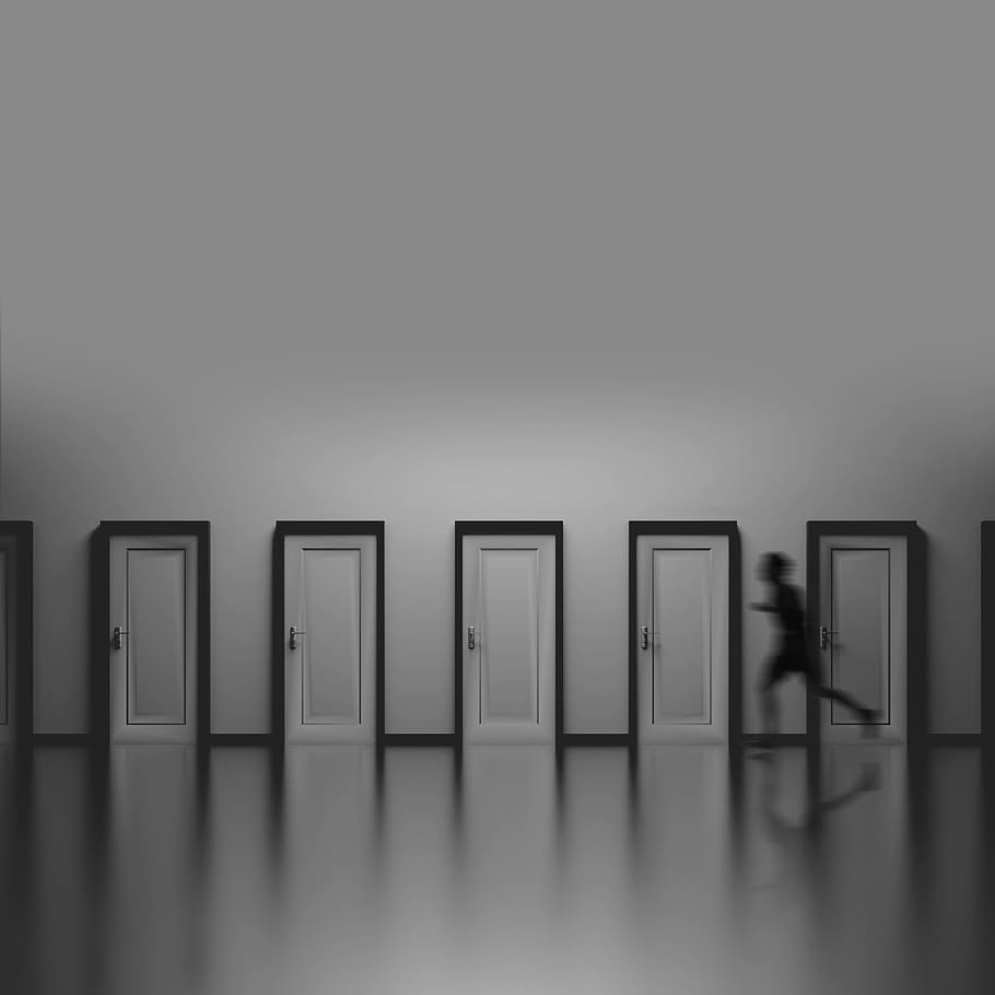 running, chase, doors, hallway, dark, chasing, danger, challenge HD wallpaper