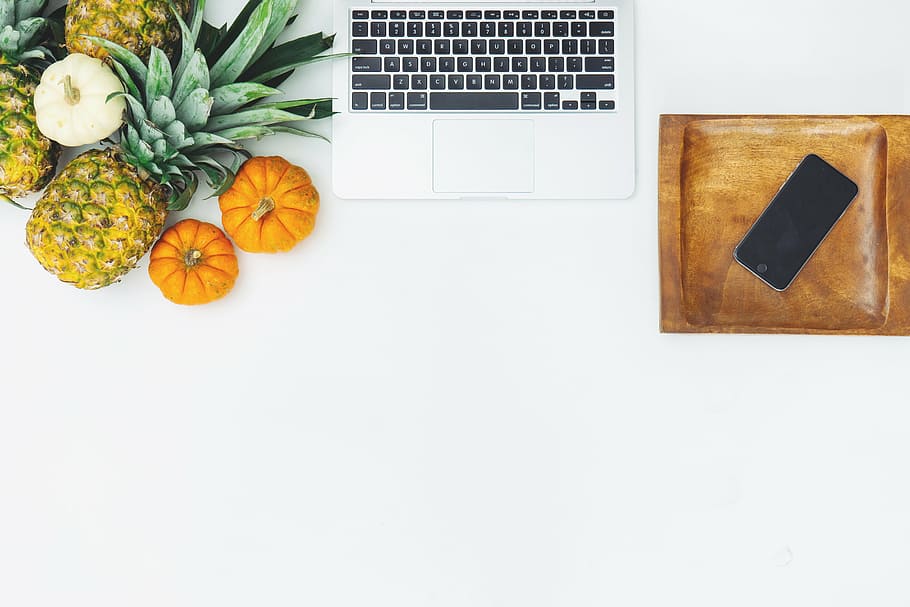 pineapple and squash beside white laptop keyboard, dessert HD wallpaper