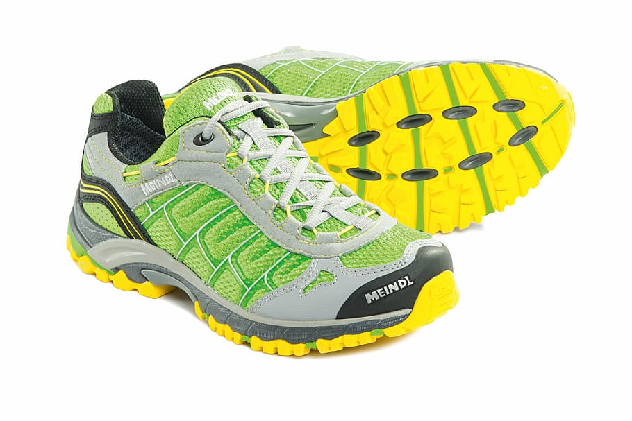 pair of green Meindl athletic shoes, sport shoe, trail running