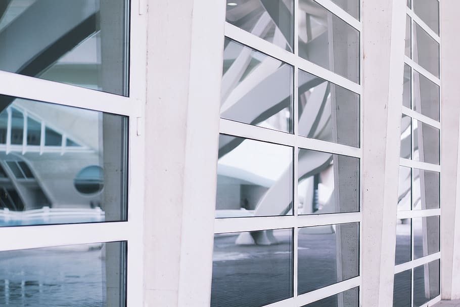 glass windows under sunny sky, white framed glass windows, building HD wallpaper