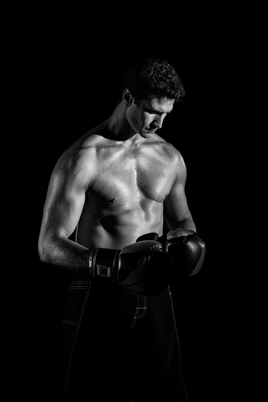 grayscale photo of man wearing boxing gloves, body, bodybuilding