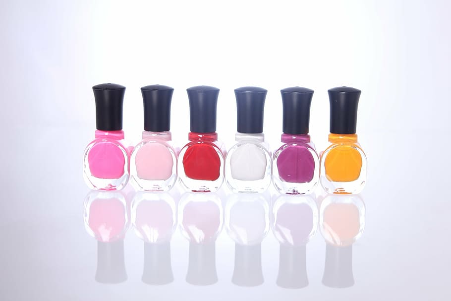 lined-up six assorted-color nail polish bottles, ms, still life, HD wallpaper