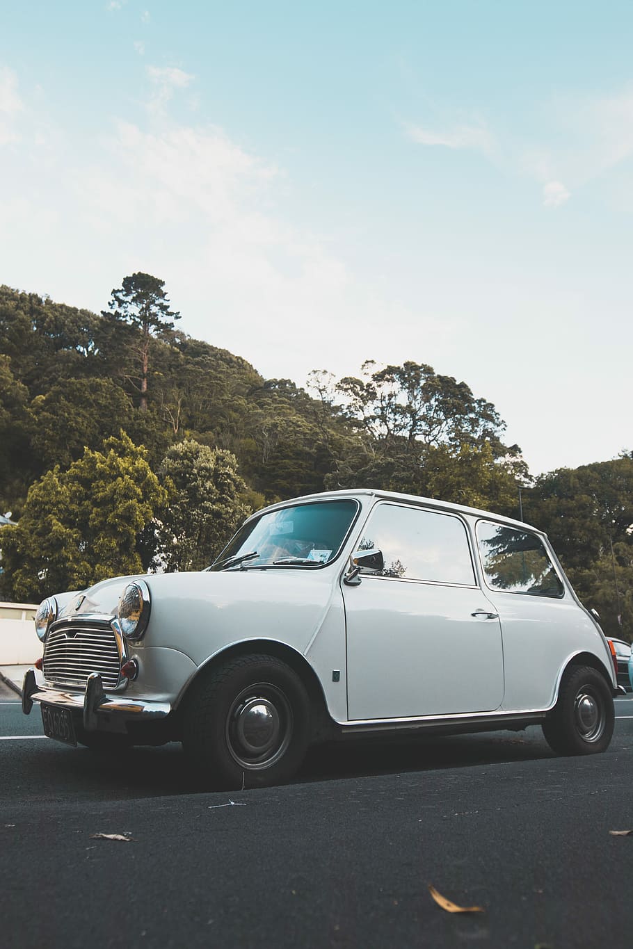 white classic car travelling on the road, classic white 3-door hatchback on road at daytime HD wallpaper