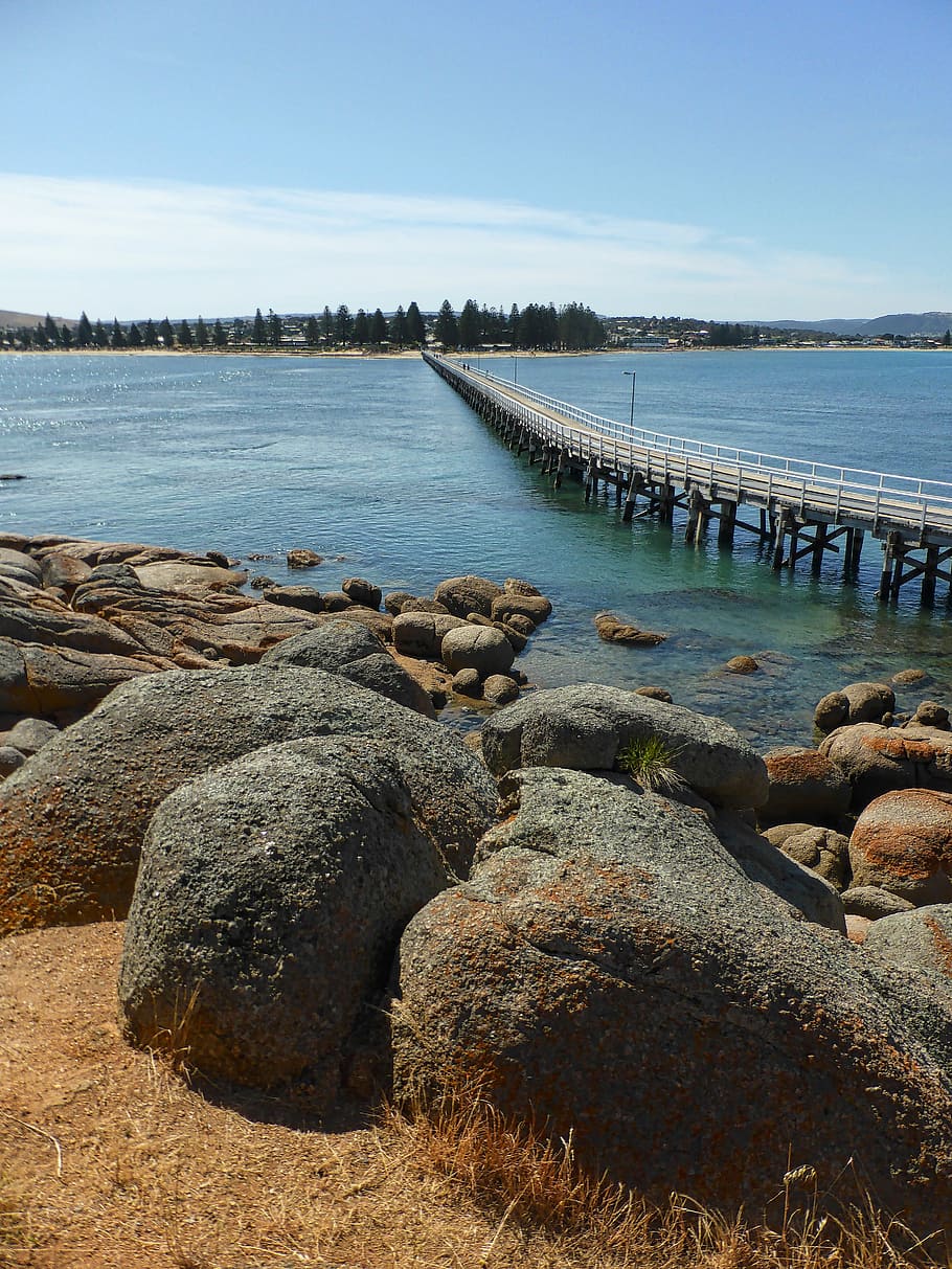 Perspective, Bridge, Pier, Jetty, Rocks, rocky, distance, shoreline HD wallpaper